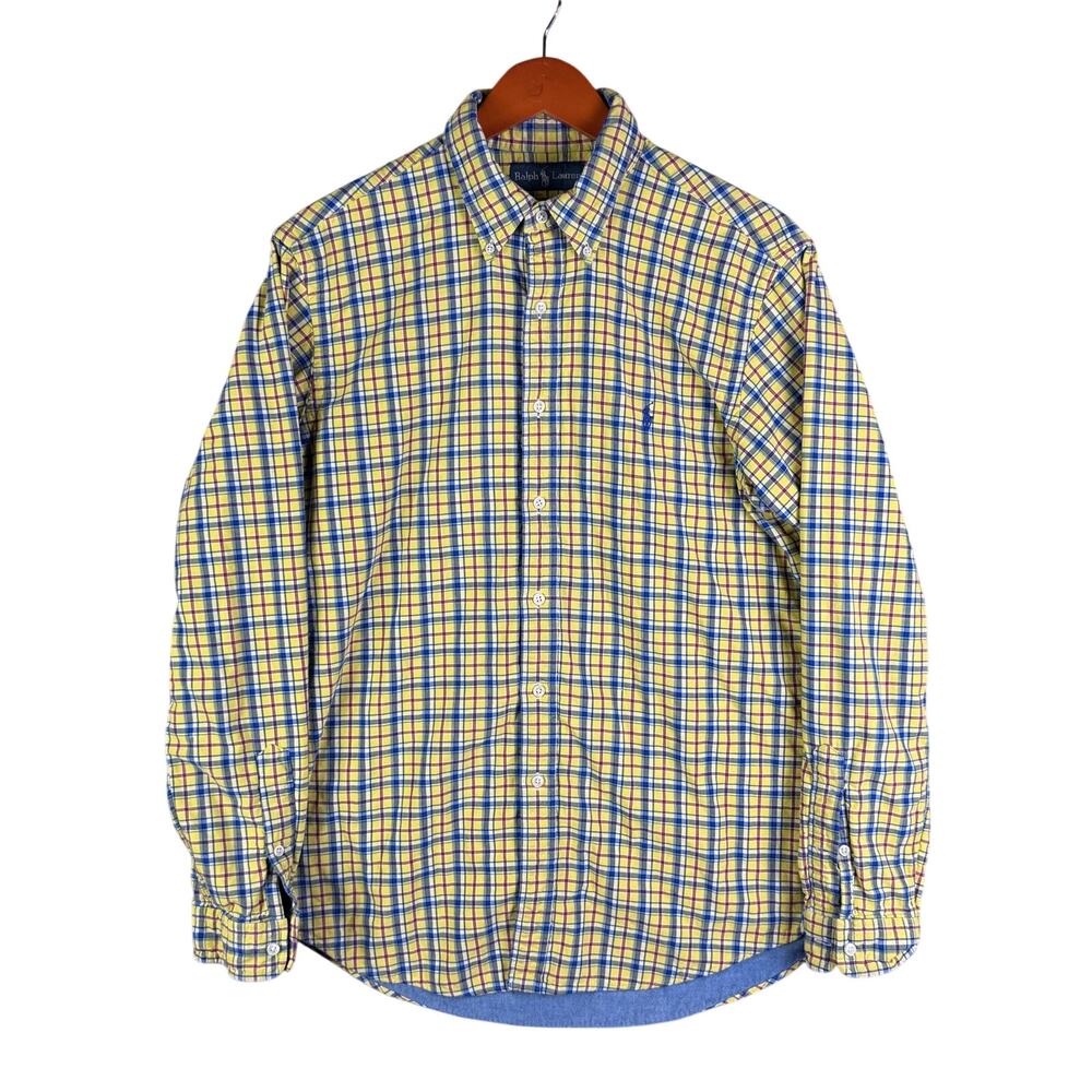 Ralph Lauren Plaid Denim Lined Long Sleeve Polo Shirt Yellow Blue Red Mens Large